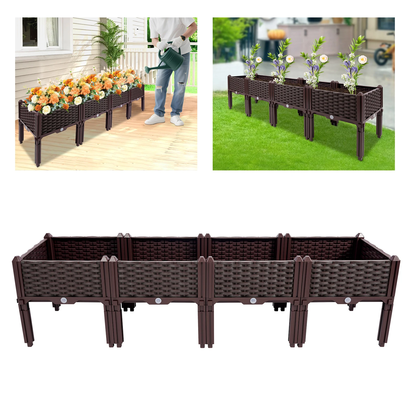

PP Planter Boxes,Brown Rectangular Plants Elevated Garden Boxes Floor Standing 156*38*39cm for Yards,Courtyards