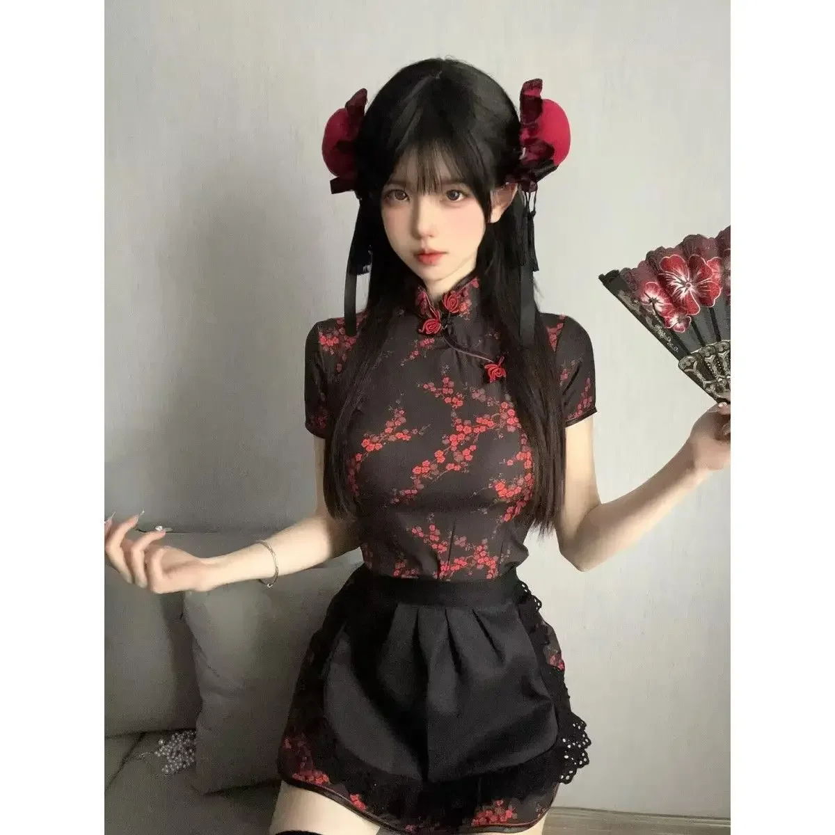 Abito in stile cinese Little Chef Lolita Maid grembiule Dress New Chinese Qipao Dress Set donna Sexy Cheongsam