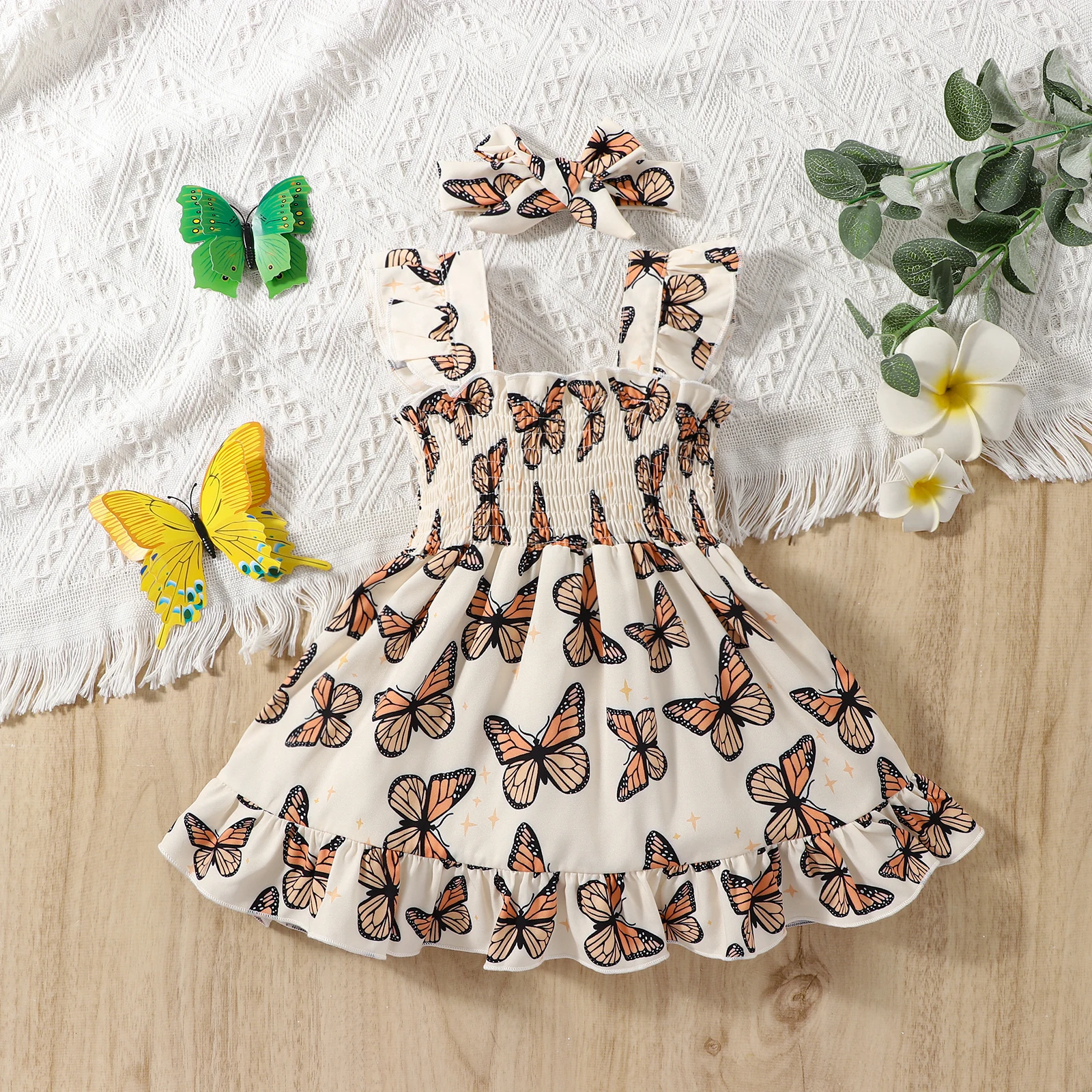 Summer-Ready: Adorable Butterfly Print Dress & Bow Headband Set for Baby Girls