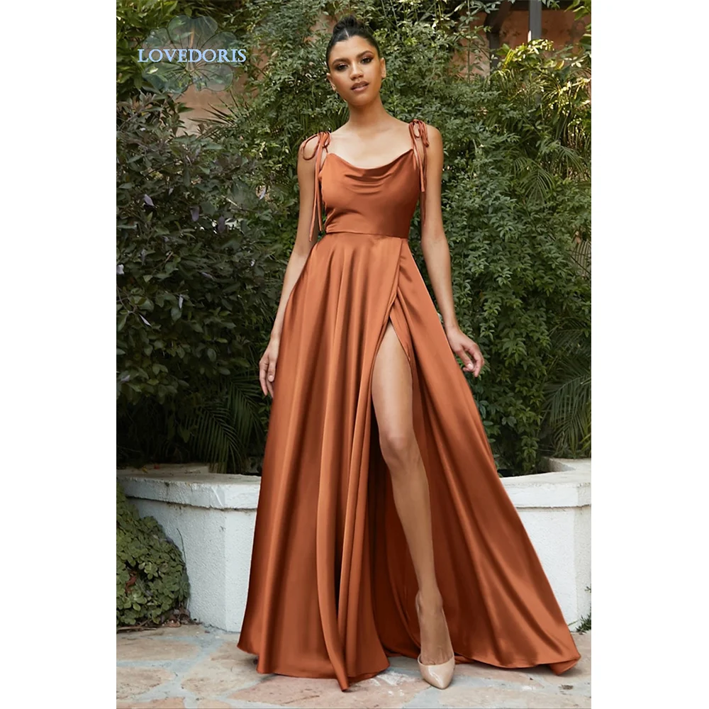 

LoveDoris Bridesmaid Dress Satin Long Dress Straps Evening Prom Dress Satin High Split Sexy A-Line Customize