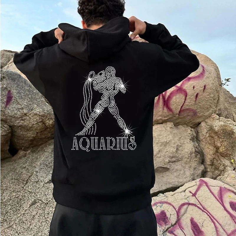 

Fashion Mens Loose Sweatshirt Hoodies Aquarius Rhinestone Pattern pocket Hoody Male Casual Street Coats Unisex Pullover Clothing