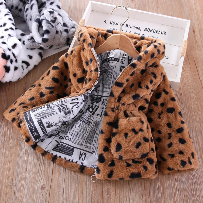 Korean Style Leopard Dot Winter Warm Baby Coat Hooded Long Sleeve Cute Loose Fashion Zipper Kids Clothes