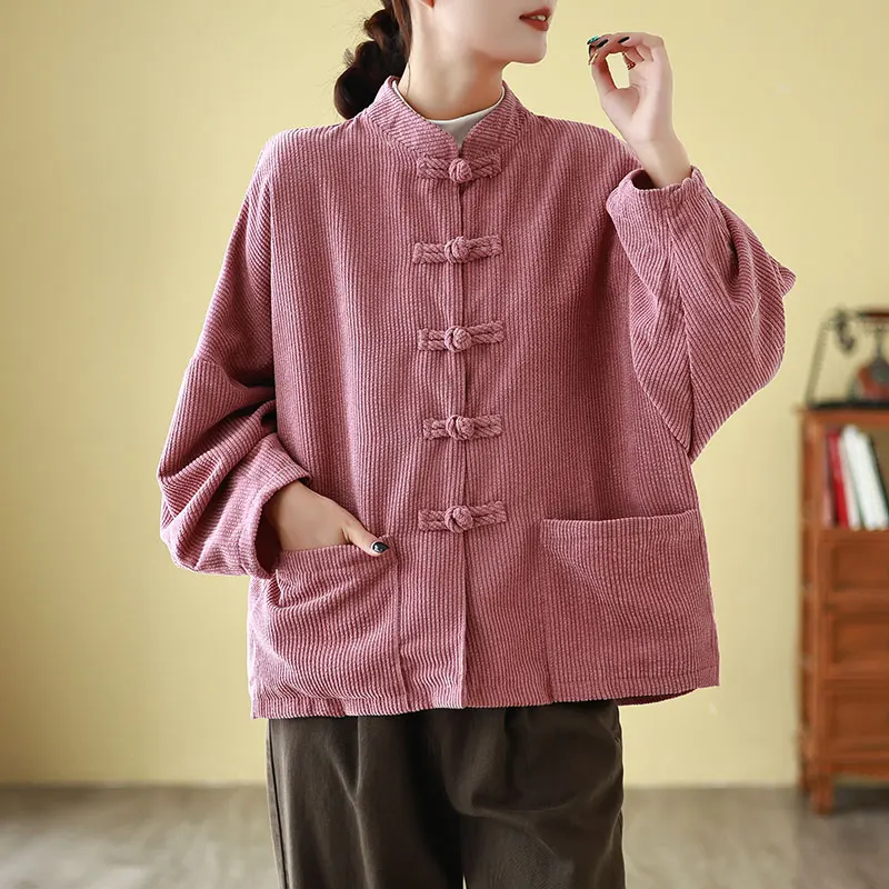 

High-End Autumn Winter Vintage Corduroy Jacket Loose Style Ethnic Tea Costume Front Button Stand Collar Outerwear