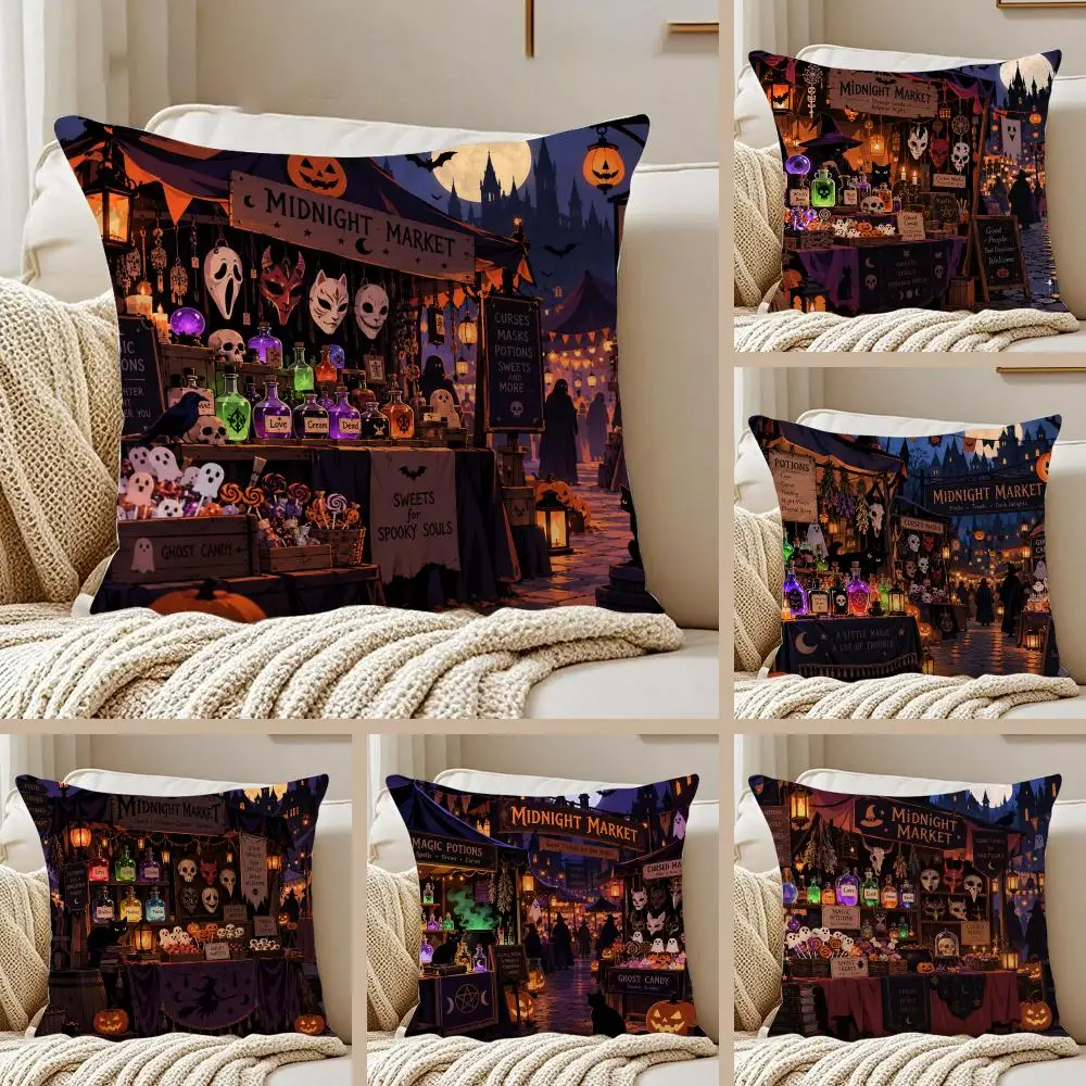 Halloween Market Cushion Cover Pillowcase Anti-dustmite Invisible Zipper Short Plush Sofa Cushion