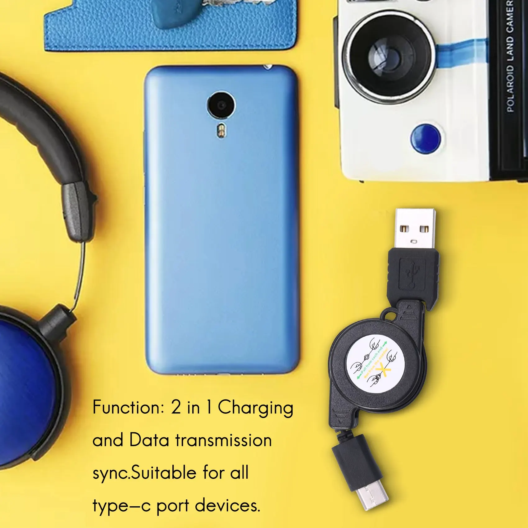 USB Typ C USB 3.1 einziehbares Kabel Ladegerät Lade Typ-C USB-C Kabel Schwarz