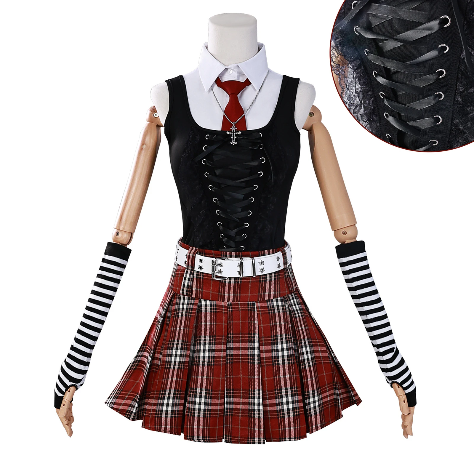 conjunto-de-colete-de-camisa-de-fantasia-de-cosplay-misa-com-saia-xadrez-vermelha-e-corrente-de-cintura-fantasias-de-halloween