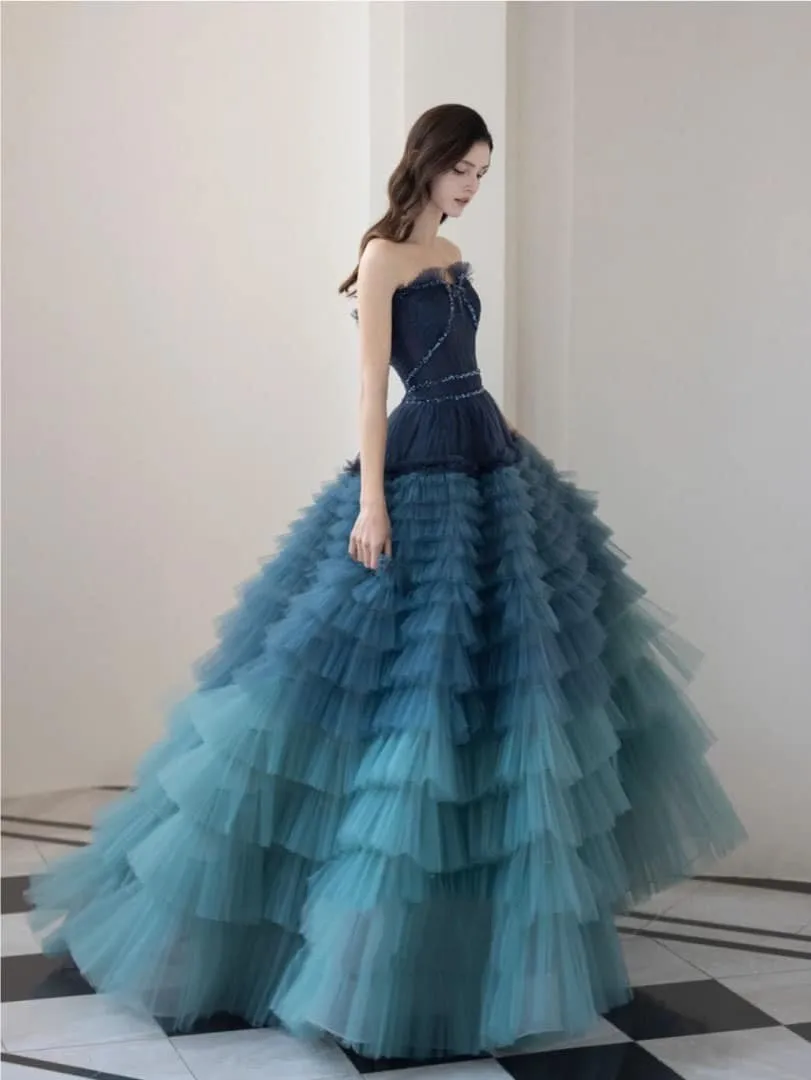 Fairytale Multi Colored Layered Tulle Long Formal Dresses With Crystal Beads Details Ruffles Trimmed Tulle Wedding Gowns Lace Up