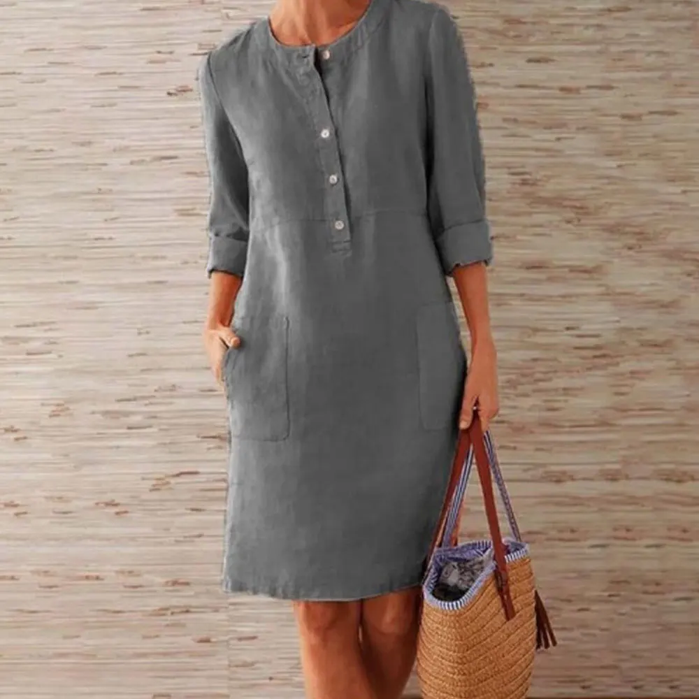 Платье большого размера Vintage Straight Dress Long Sleeve Oversized Mini Women Casual Soild Cotton and Linen Tunic Dress