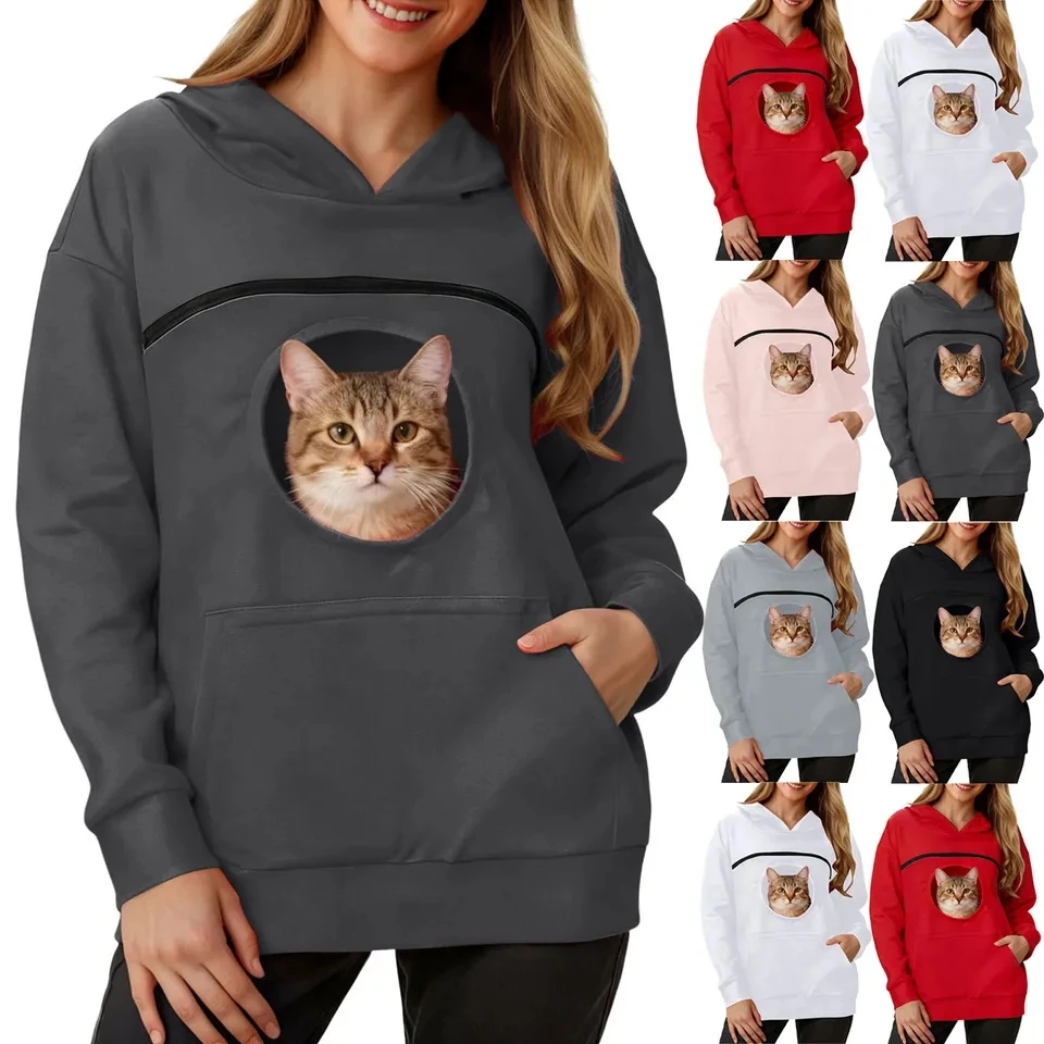 S-3XL Women Pet Carrier Hoodie Dog Bag Design Long Sleeve Pullover Sweatshirt Daily Wear Pet Kangaroo Bag Hoodies Top