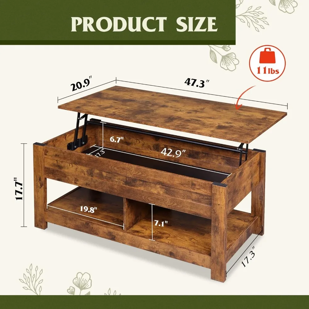 수납 선반이 있는 소박한 커피 테이블, 숨겨진 칸막이, 목재 리프트 탁상, 가정 거실, 소박한 다크 브라운 운임 무료