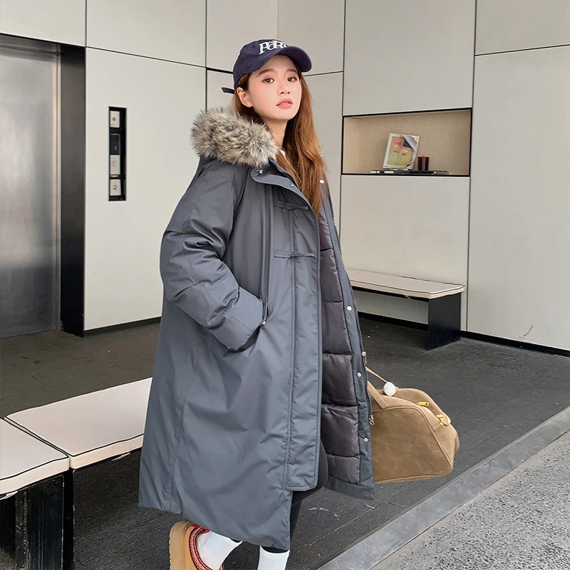 

Long Fur Collar Cotton Padded Jacket Women's Winter New Korean Version Over-the-knee Parka Coats Loose Warm Hooded Outwear Trend