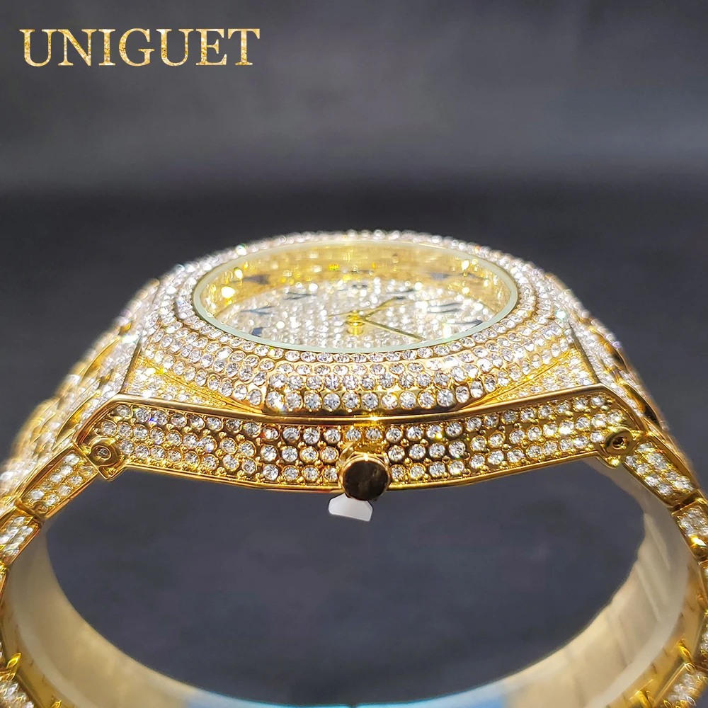 Gold Watch For Men Full Diamond Hip Hop Iced Out Men\'s Watches Blue Number Calendar Waterproof Octagonal Luxury Wristwatches