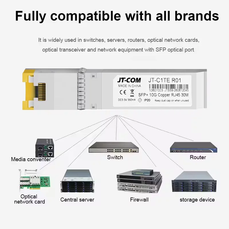 10G SFP+ Copper RJ45 Transceiver 10GBASE‑T 30M Cat6a/Cat7 SFP‑10G‑T‑X Hot‑Plug Compatible for Cisco/Mikrotik Switch Server NIC