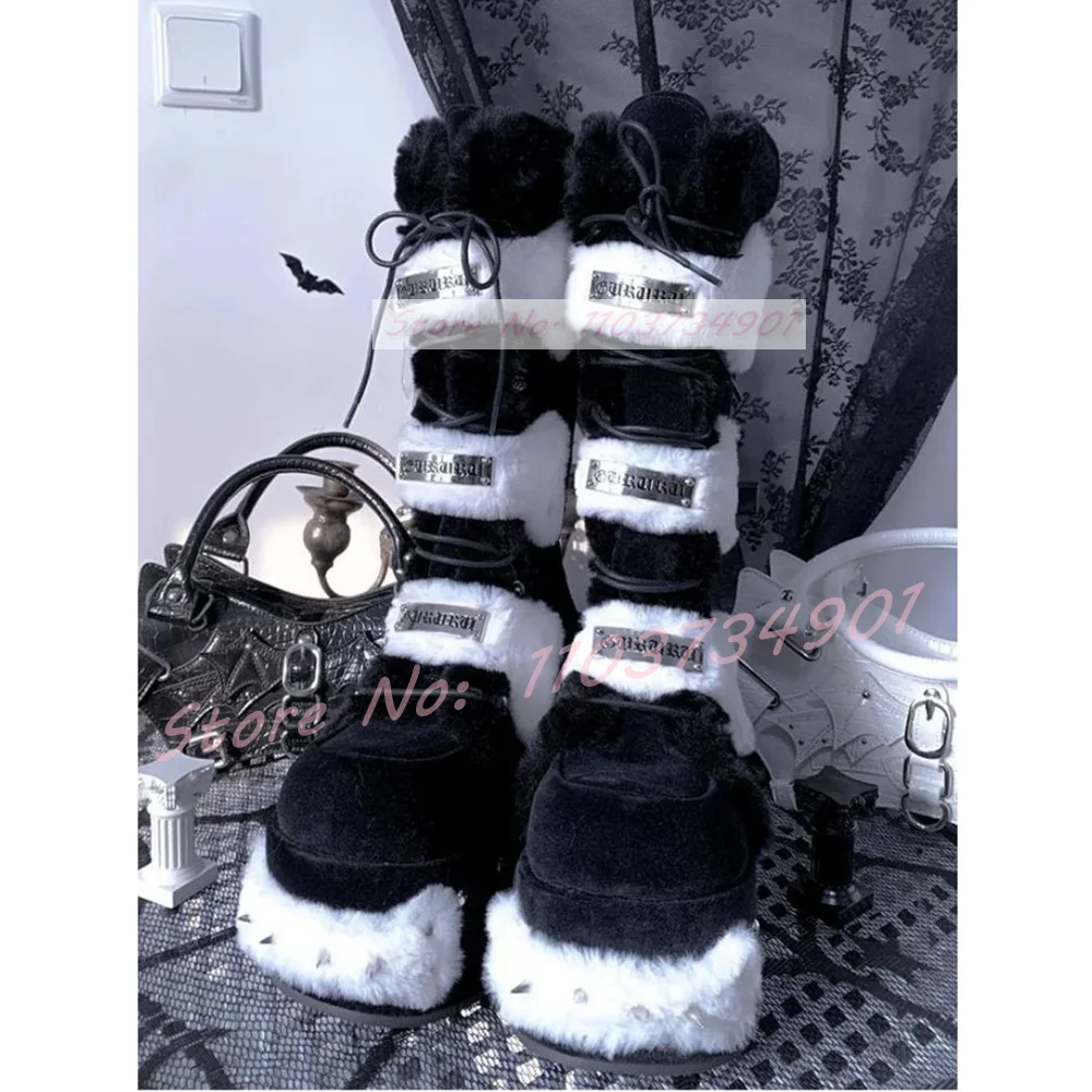 

Fluffy Furry Rivets Satin Mid Calf Boots Ladies Round Toe Thick Sole High Heels Shoes Women Lace Up Sexy Fashion Sweet Boots