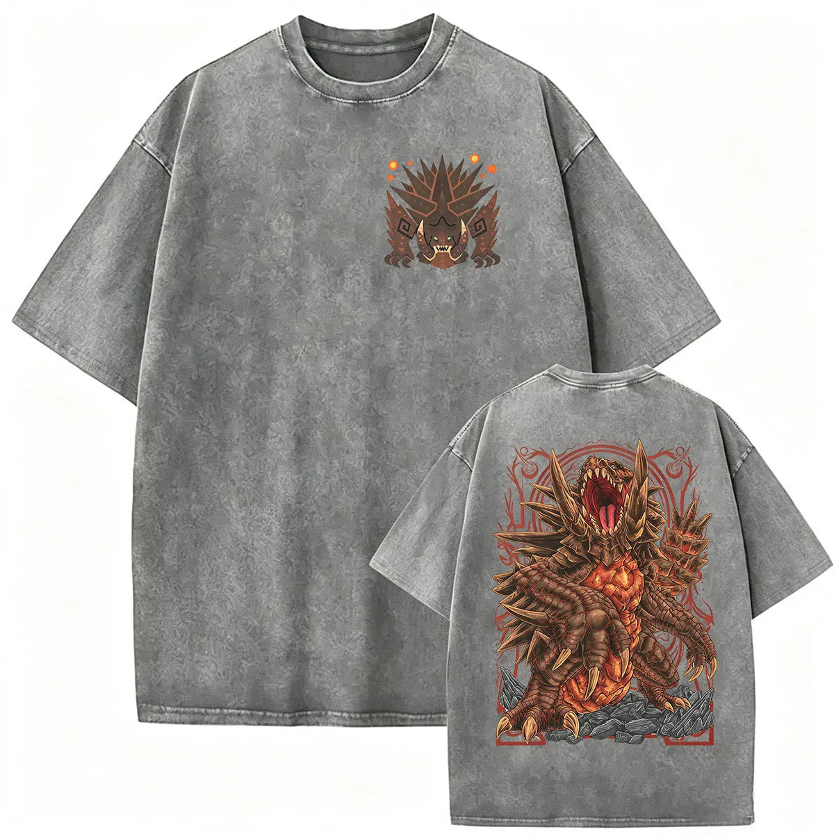 2026 Game Monster Hunter Akantor The Black God Vintage Washed T Shirt Men Women Harajuku Fashion O-Neck Oversized Cotton T-shirt - view 3