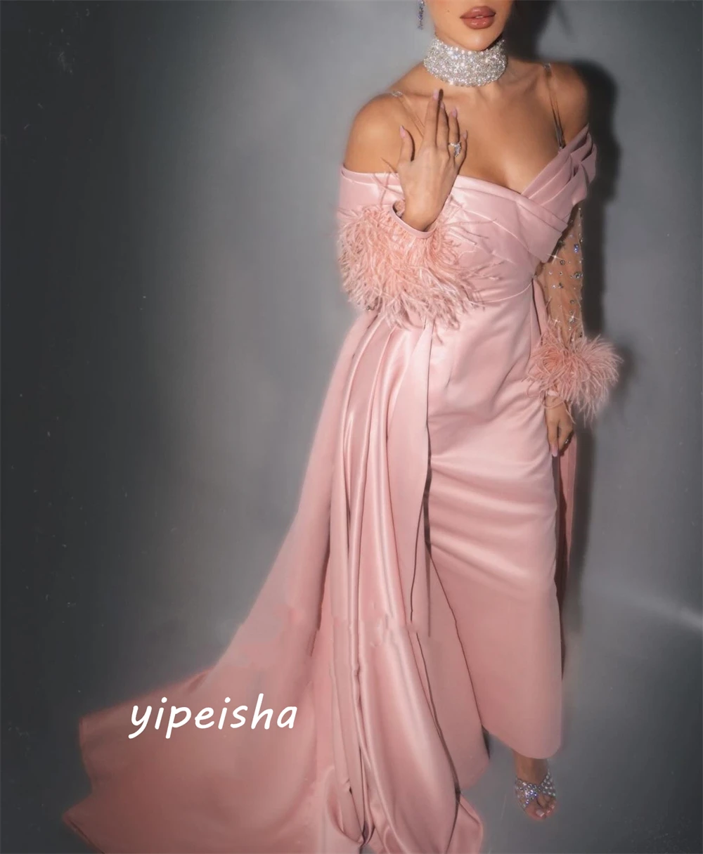 Yipeisha-Vestidos de Noche Charmeuse, intrincados, brillantes, sin hombros, vaina con cuentas, lentejuelas, plumas, es