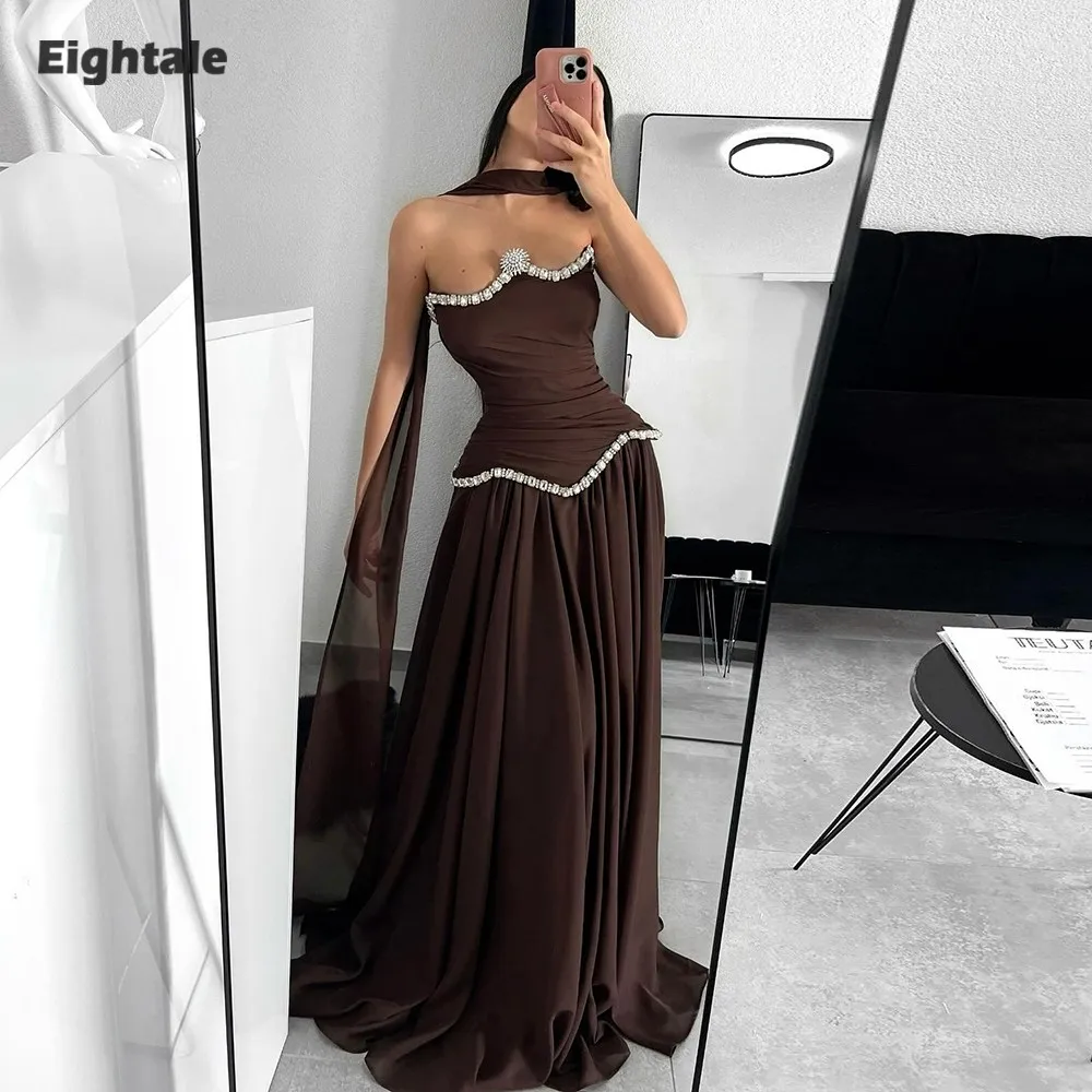 

Eightale Arabic Evening Dress Pleats Crystals Beaded Customized A-Line Brown Chiffon Celebrity Prom Wedding Party Gown