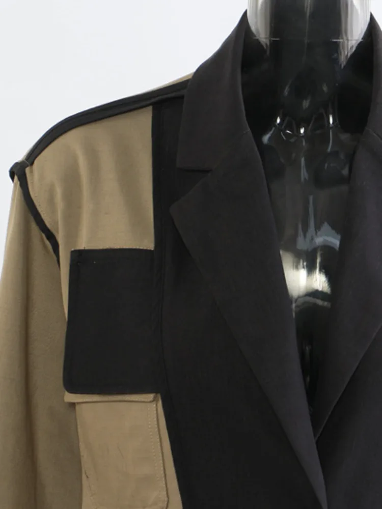 ZMEENNA Giacca blazer colorblock moda donna risvolto tacca due bottoni contrasto kaki nero capispalla casual ZM4337