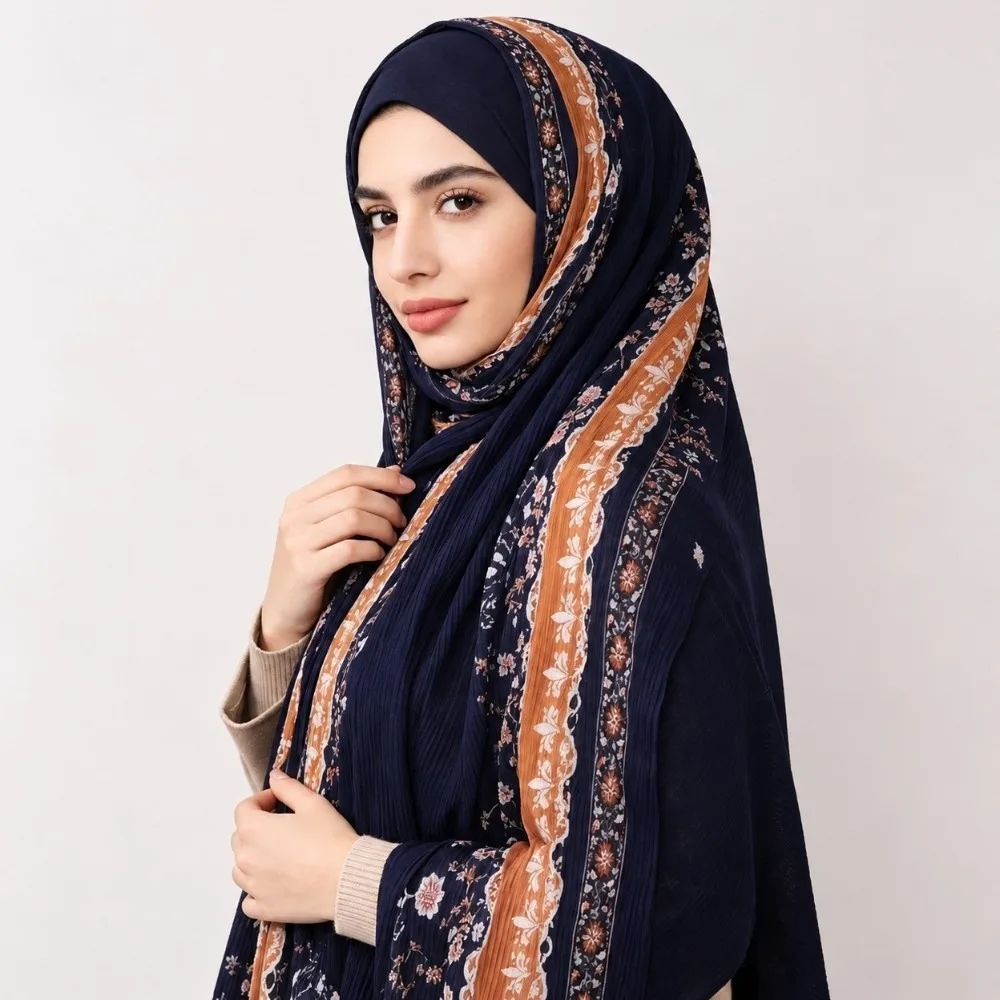 Stylish Vintage Style Floral Print Shawl Floral Print Turkish Design Crinkle Hijab Crinkle Fabric Breathable Head Wrap for Women