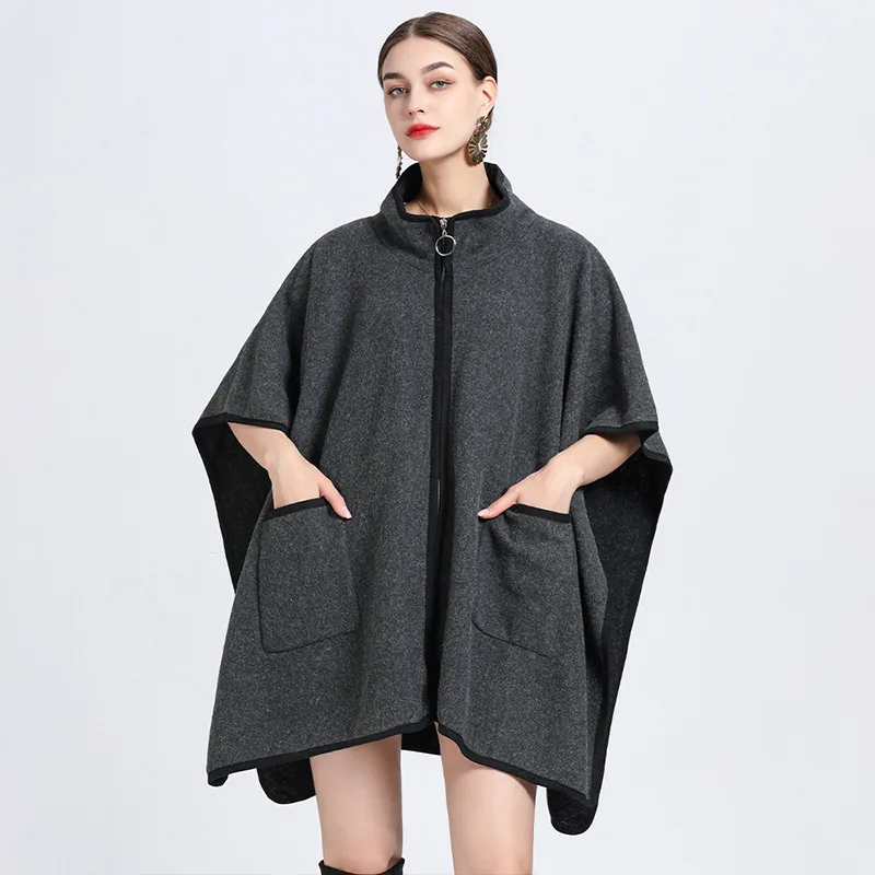 6 colori donna cerniera anteriore mantello mantello inverno spesso caldo lungo Poncho mantello finta lana cappotto allentato giacca Cardigan stile pipistrello