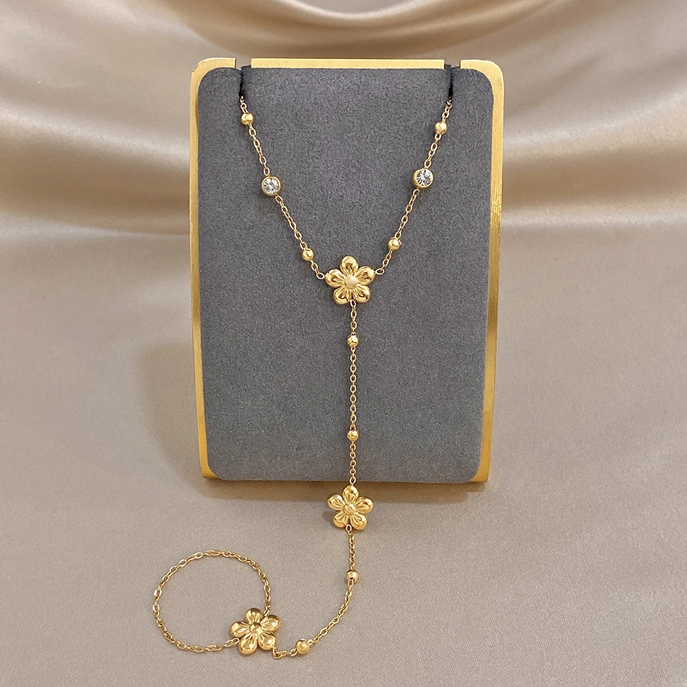 AENSOA Damen Edelstahl Minimalistischer Blumenstil Handrücken-Kette Finger Zierlicher Zirkon Ring Armband Geburtstagsgeschenk – Detail 5
