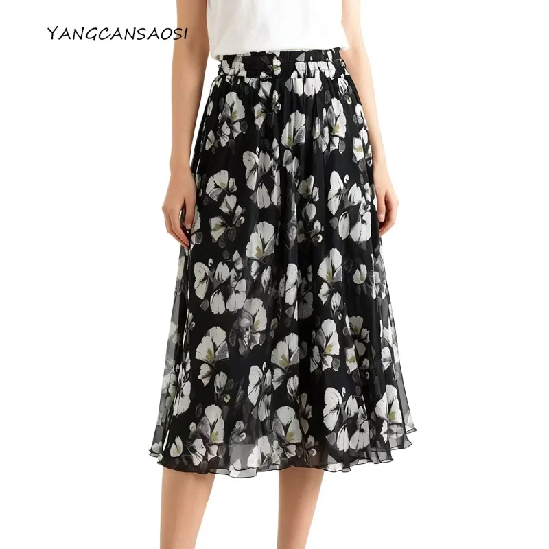 

2025 женская повседневная летняя новая 100% натуральная шелковая шифоновая юбка с эластичной резинкой на талии, свободная большая распашная юбка с темпераментным принтом
