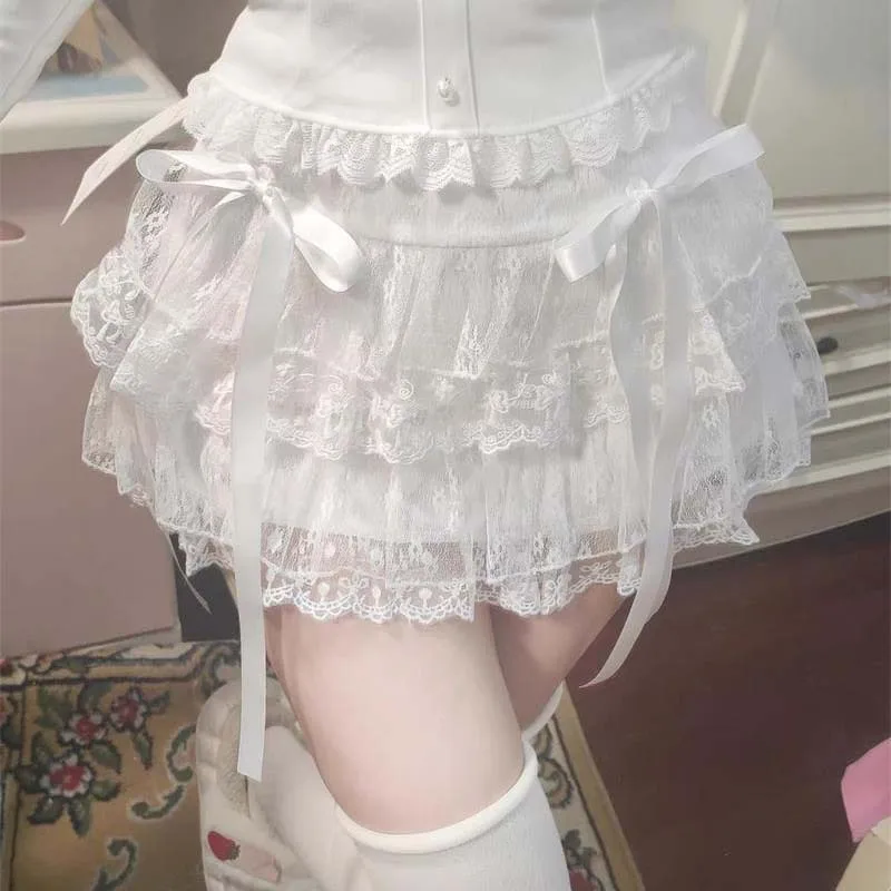 Korean Version Cute Sweet Girl Lace Cake Skirts Women Y2K Mini Pleated Skirt High Waist Loose Grunge Kawaii A-Line Fluffy Skirt