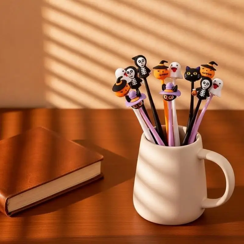 4/10Pcs Cute Halloween Neutral Gel Pens Ghost Pumpkin Skeleton Design Smudge Free Writing for Kids Halloween Gifts Party Suppli