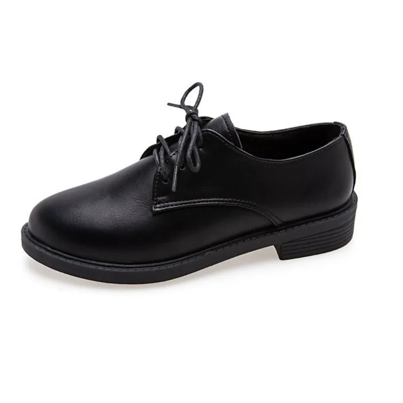 

Small Black Leather Shoes British Round Head Women's Shallow Flat Heel Single Shoes Lace-up Single Shoes Thick Heel Casual Shoes