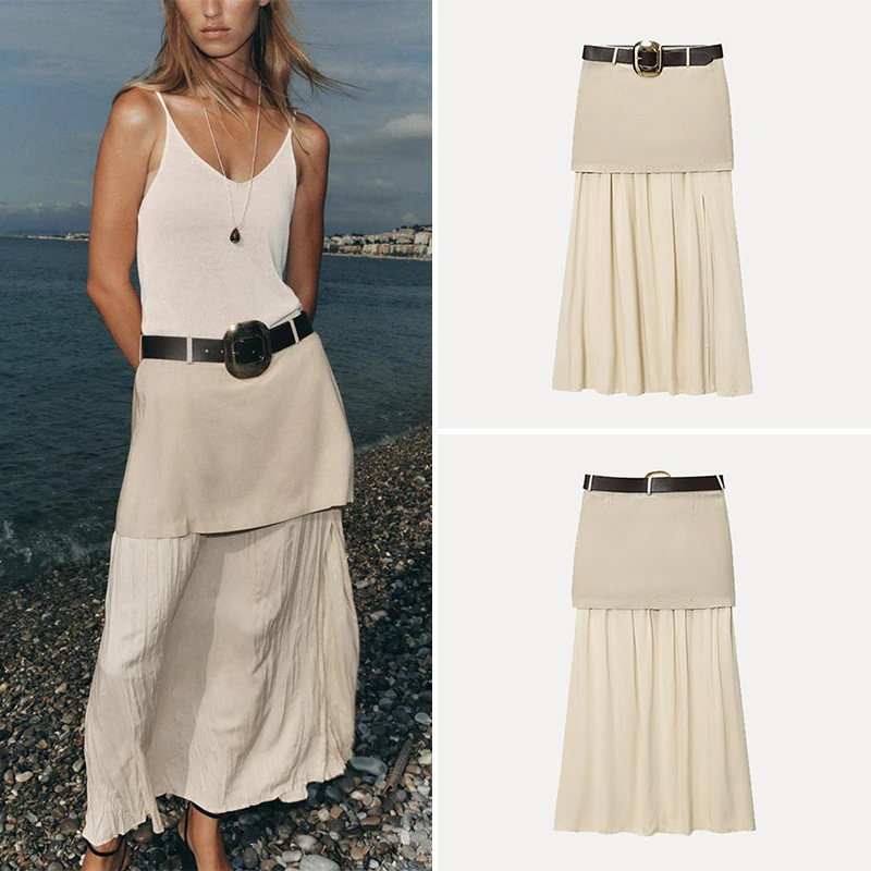 

Женская юбка-миди с разрезом по бокам в стиле пэчворк с высокой талией, трапециевидной формы, свободного покроя, полиэфирное волокно, чистый цвет, для поездок на работу, лето 2023 г.