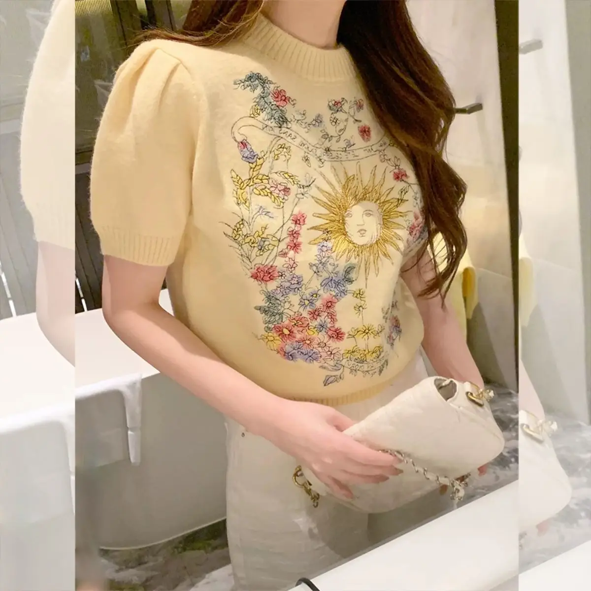 

Summer Casual Slim Short Blouse Top 344A Vintage Printed Knitted T-Shirt Women Elegant Bubble Sleeves Pullovers Sweater Tee