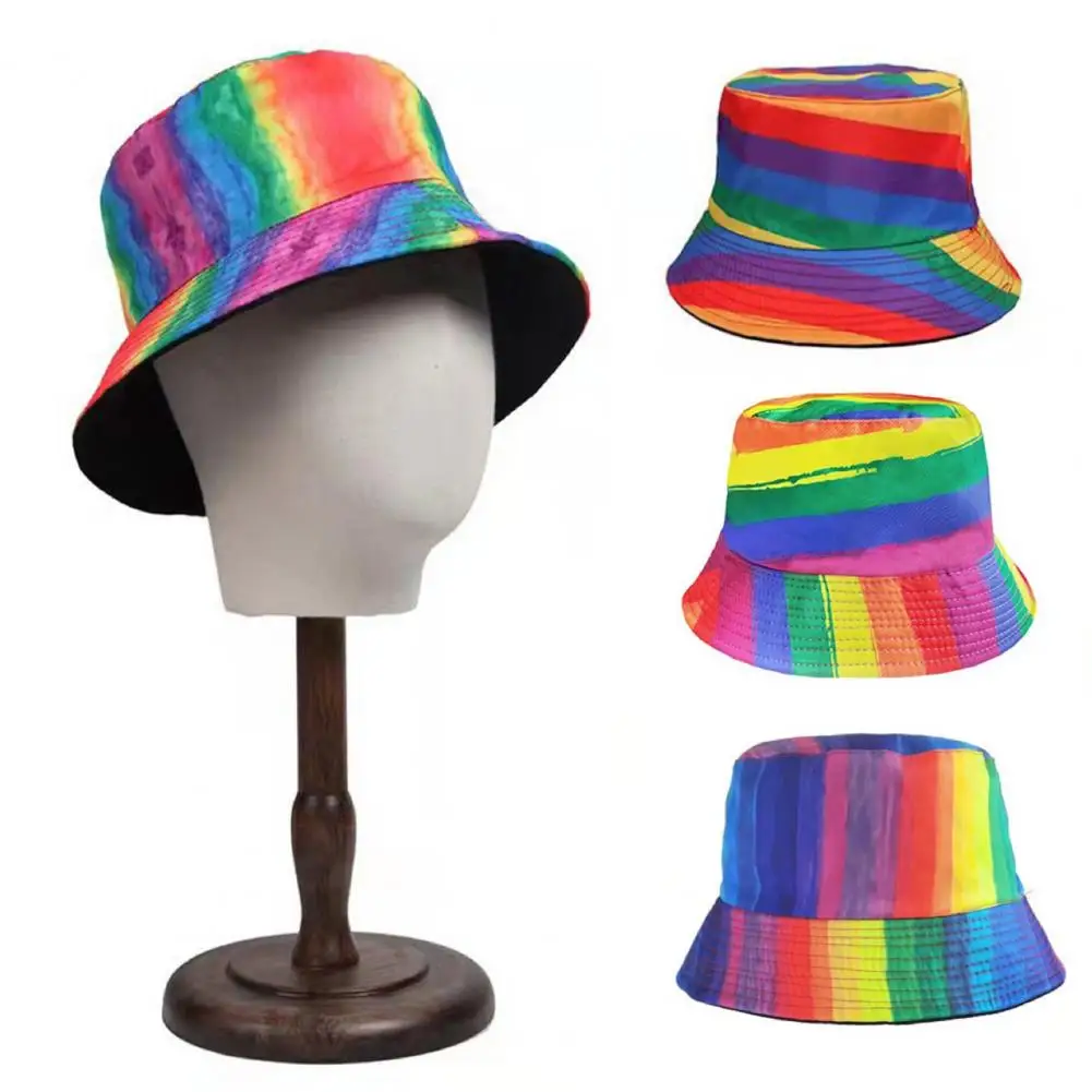 Women Men Bucket Hat Rainbow Color-block Hats Reversible Wearable Basin Hat Summer Outdoor Sun Hat Fashion Fisherman Hats