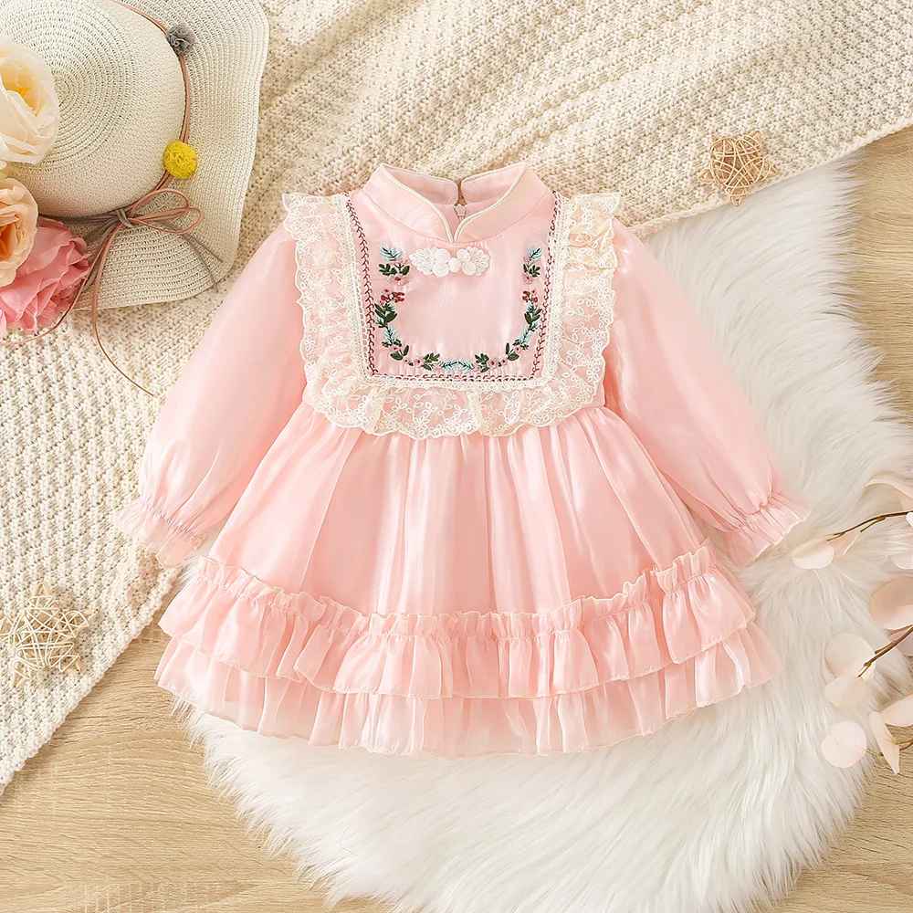 New Girls' Dress Spring and Autumn Children's Small Standing Neck Embroidered Ruffle Edge Pleated Long sleeved Princess Dress