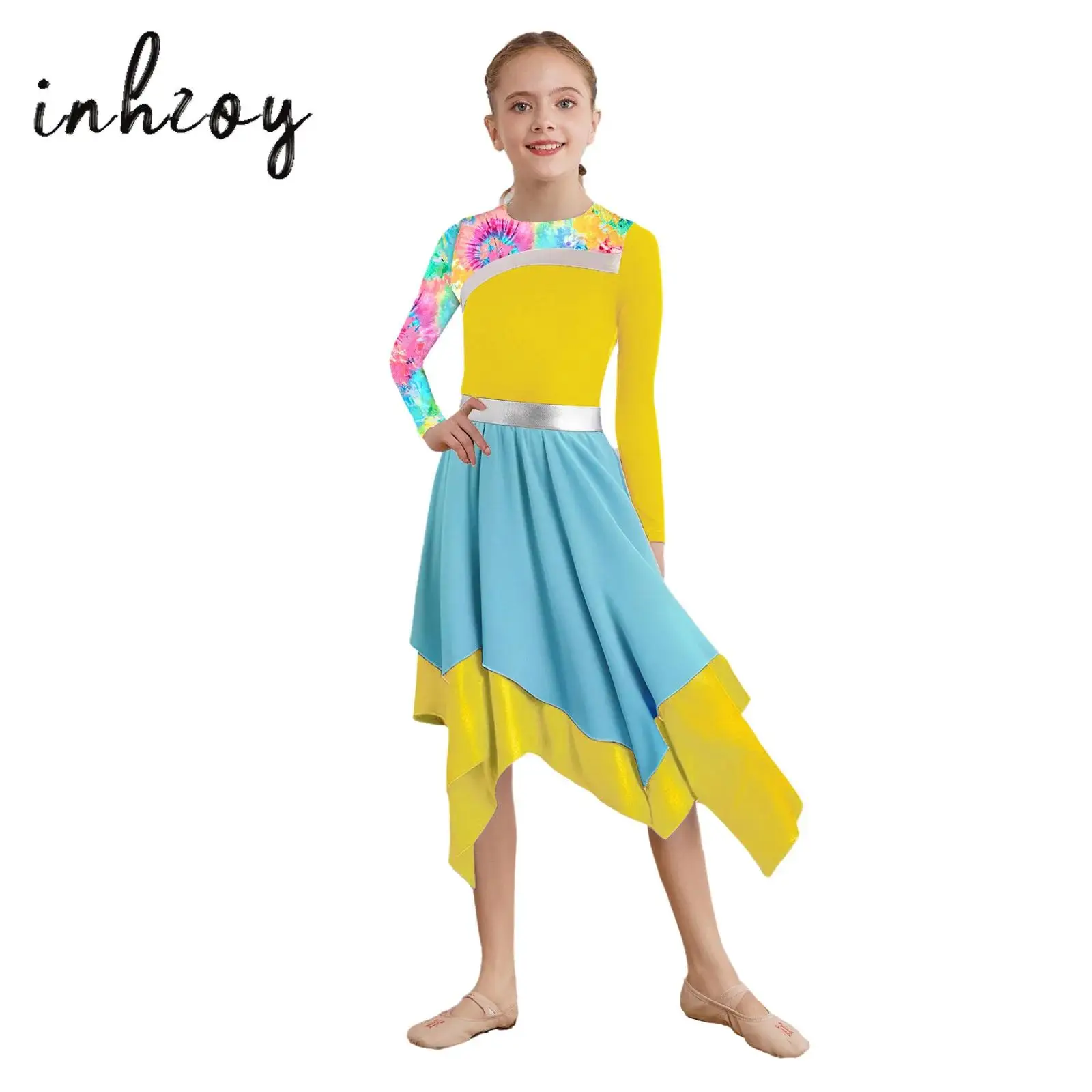 

Kids Girls Printed Color Block Praise Dance Dress Long Sleeve Irregular Hem Church Worship Robe Dress Lyrical Modern Dance Dress