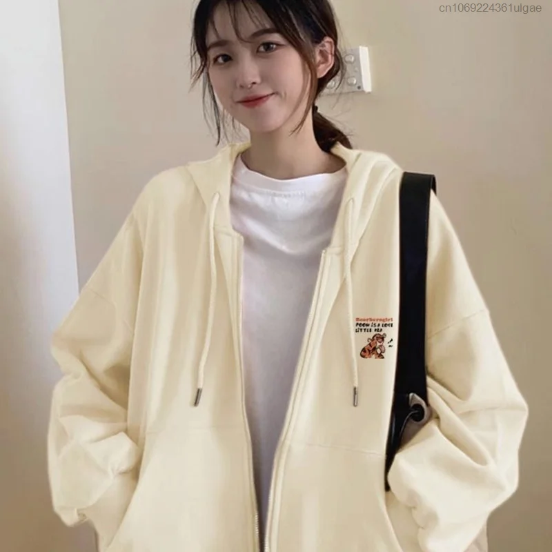 Disney Pooh Bear Cartoon Printng Hoodie Y2k Women Japanese Style Plush Loose Zipper Coat Cardigan Long Cute Fashion Sleeve Top