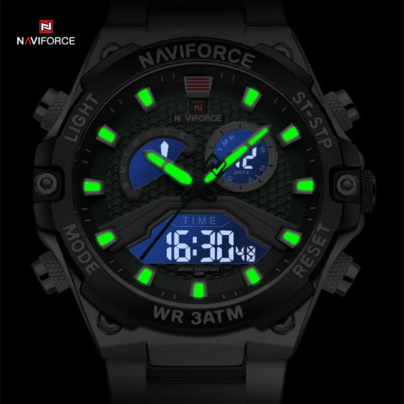 NAVIFORCE Men Watches Business Casual Fashion Dual Display Sport Stainless Steel Band Quartz Wristwatch Waterproof Watch