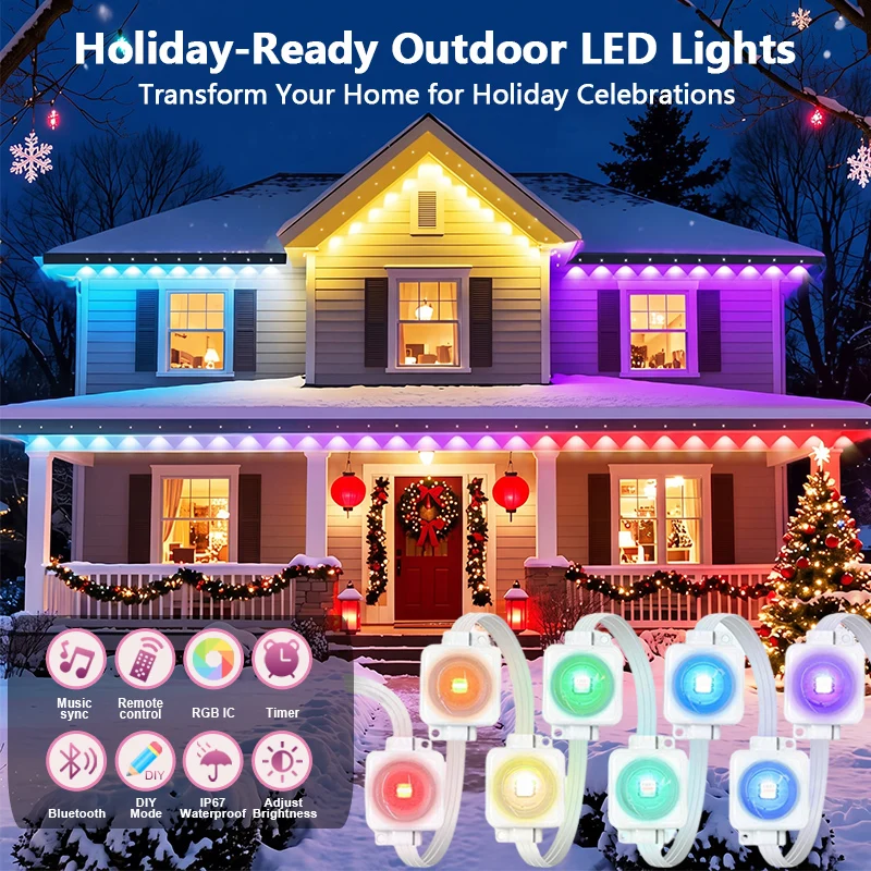 Permanent Outdoor Lights RGB Eaves Light DIY Scene Modes IP67 Waterproof for House Roof Outdoor Patio Deck Backyard Garden