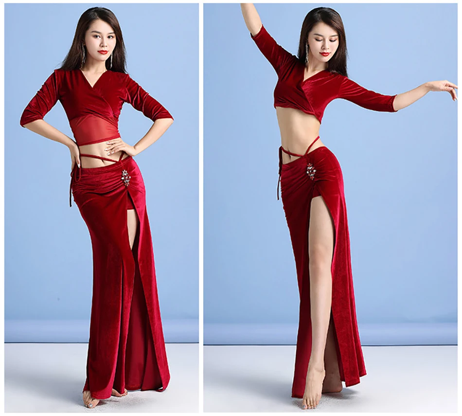 Belly Dance เซ็กซี่ตาข่ายเครื่องแต่งกายสวมใส่ชุดผู้หญิง 2 ชิ้นชุดกระโปรงยาวผู้หญิง Belly เต้นรําชุดฝึกเสื้อผ้า