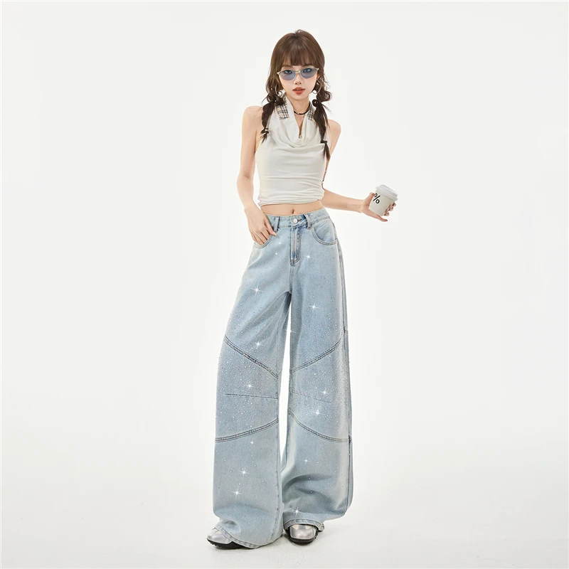 2026 Rhinestone Sparkle Cotton Wide Leg Jeans Women High Waist Loose Straight Fit Denim Pants Lyocell Casual Trousers