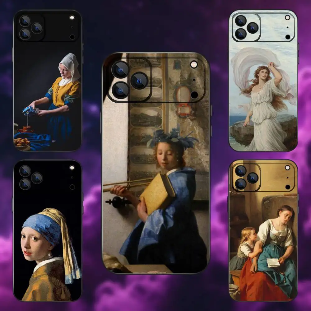 

Girl Art V-Vermeer Painting Phone Case For iPhone 17,16,15,14,13,12,11,Pro,Max,Plus,E,SE4,Air,Mini Black Soft Funda