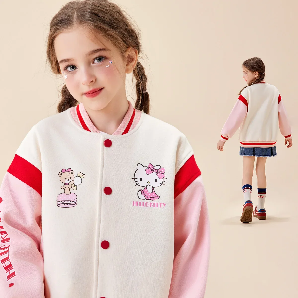 Sanrio HelloKitty Kids Spring and Autumn Children's Clothes Girls Baseball Uniform Jacket Loose Long Sleeve Top Christmas Gift