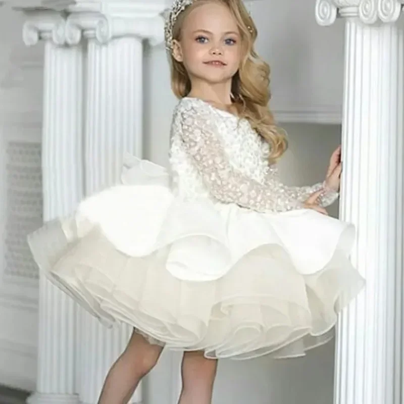 Ivory Flower Girl Dress Tulle Fabric V Back Bow Tutu Knee Princess Baby Girl Birthday Party First Communion Wedding Gown