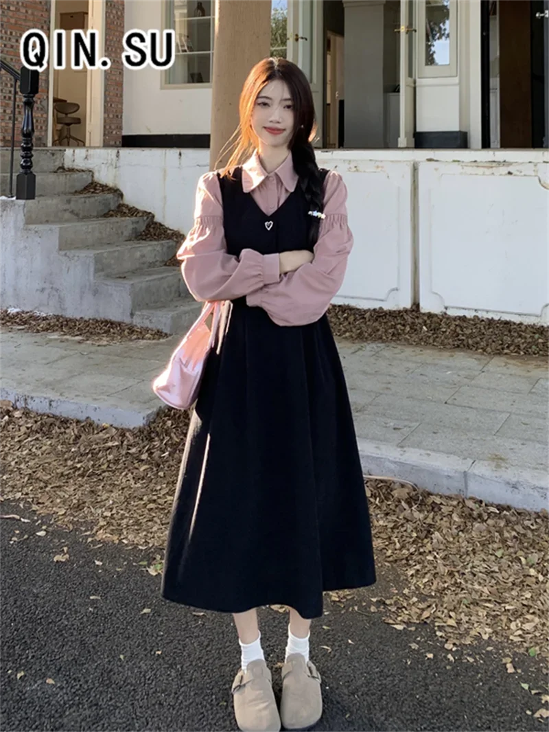 프랑스 레트로 스타일 여성용 스몰 스윗 숄더 스트랩 드레스 신상 폴로 카라 긴팔 셔츠 투피스 세트