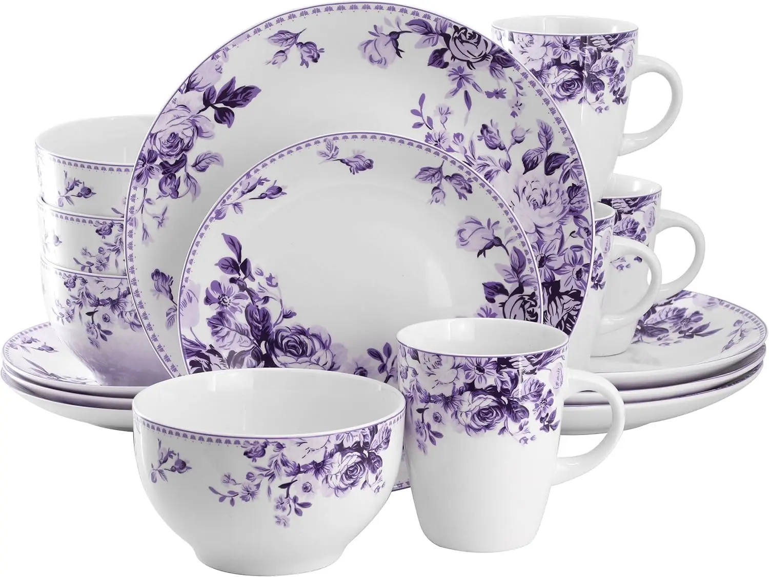 

Traditional Purple Rose 16 Piece Stoneware Dinnerware Set – Floral Dinnerware Set for 4, Durable Microwave and Dishwash