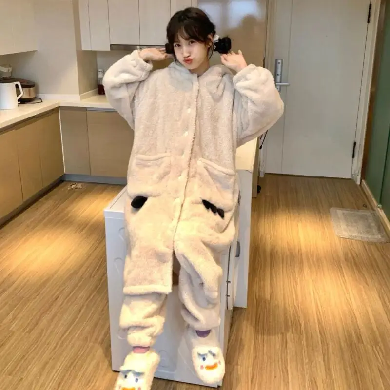 طقم بيجامة ملابس نسائية ملابس منزلية بأكمام طويلة طقم مكون من قطعتين للخريف والشتاء موضة سميكة ومريحة حلوة #3