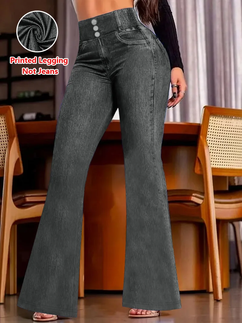 1254  Ladies Non- Denim Floral Print Bell Bottom Pants Texture-Free Simulation Denim Four Seasons Wearable Long Trousers