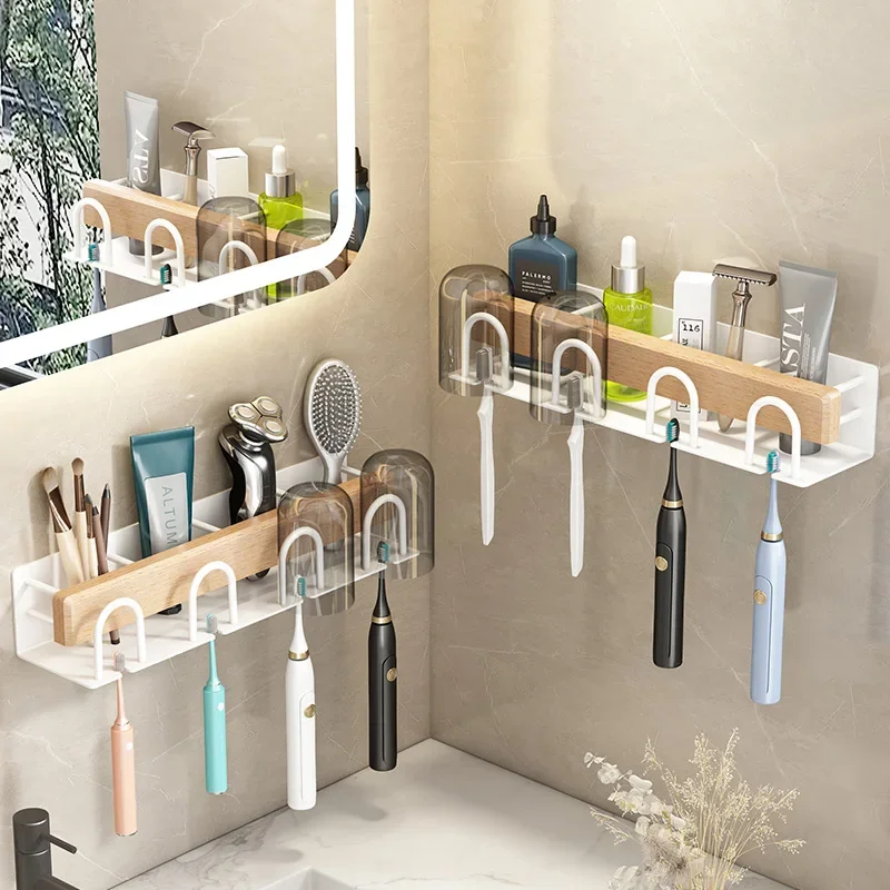 

Wood Bathroom Toothbrush Holder Tooth Cup Holder Bathroom Mouthwash No-Punch Cup Holder Toothpaste Toothbrush shelf organizer