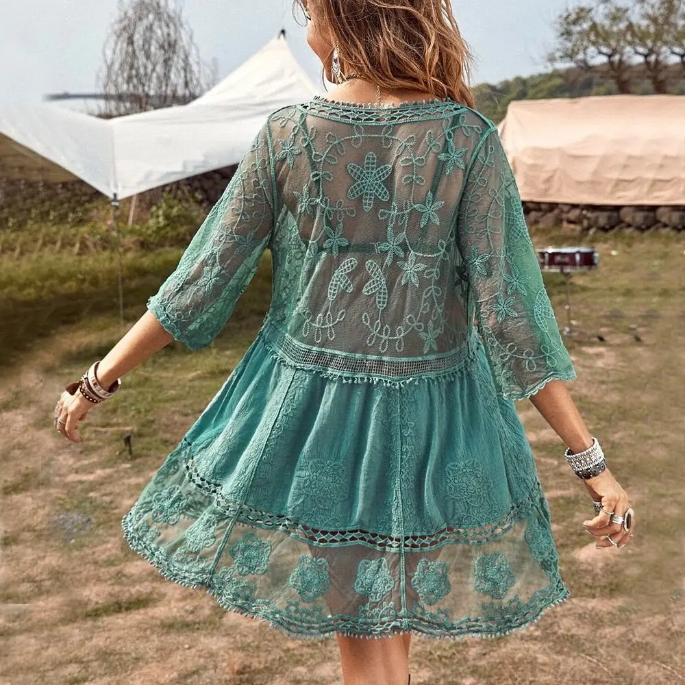 Fashion V Neck Summer Sunscreen Smock Lace Casual Swimsuit Cover Up Dress Bathing Suit Loose Beachwear Shirt for Women
