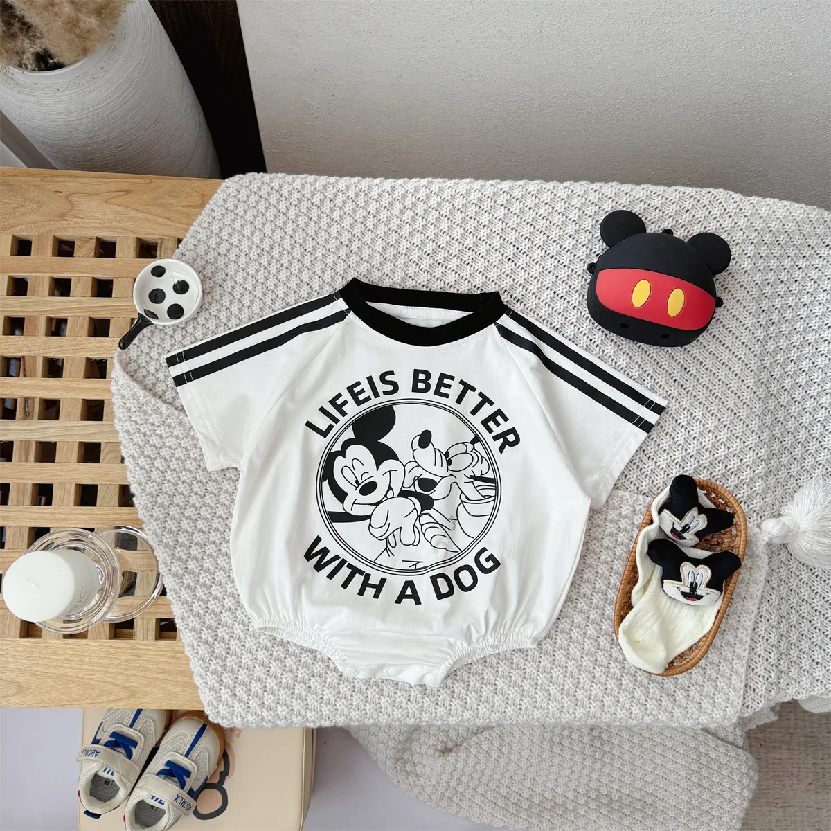 Disney Newborn Baby Boys Rompers+Socks 2pcs Set Cartoon Mickey Mouse Dog Print Girl Cotton Clothes Jumpsuit Infant Bodysuit 0-2T