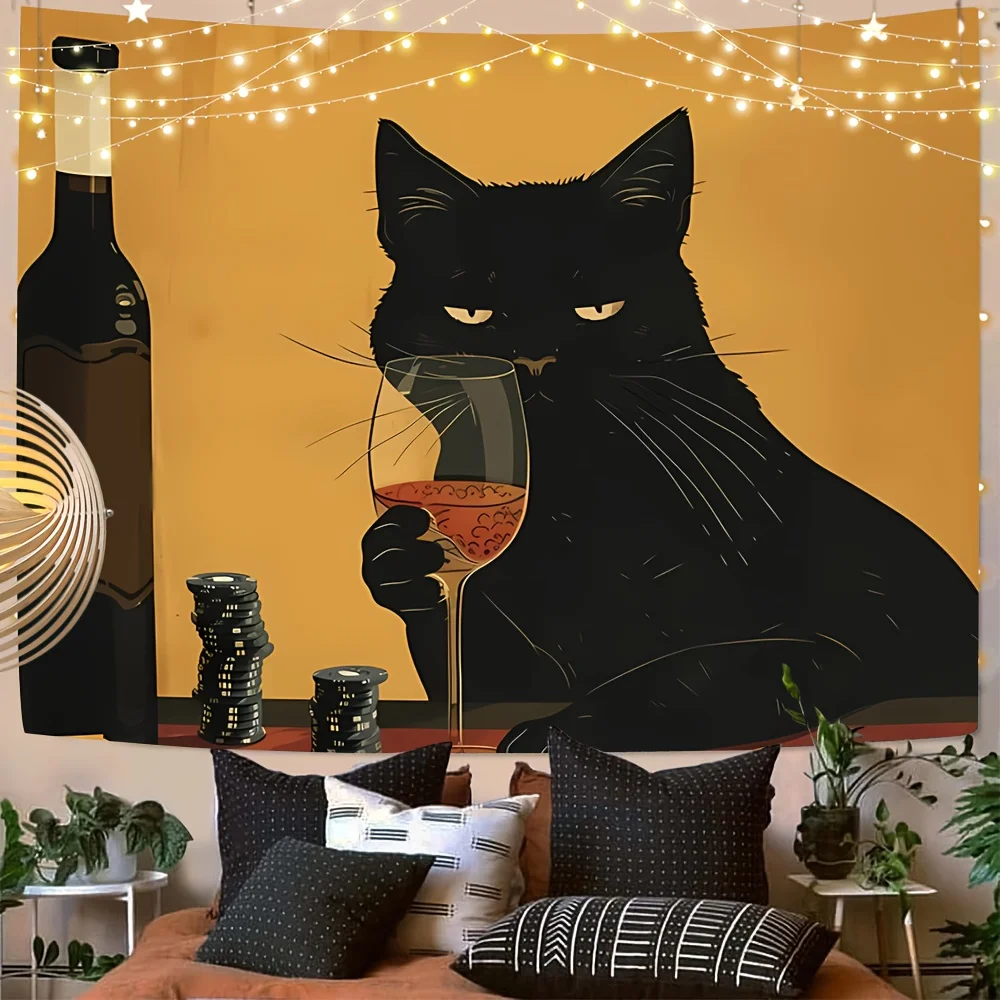 VIKAMA Retro Cool Black Cat Wine Tasting Tapestry, Funny Illustration Cat Wall Hanging for Bedroom Living Room